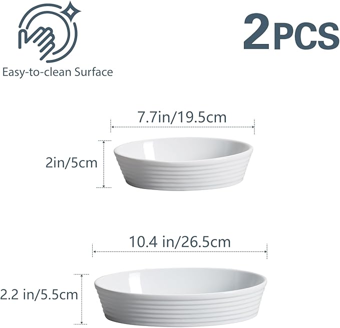 ONEMORE 2 Piece Ceramic Oval Baking Dish Set, 10.5/7.7 Inch Baking Dish Set, Porcelain Oval Au Gratin Pans for Pumpkin Pie, Apple Crisp, Pot Pies & Tarts, Microwave & Dishwasher Safe