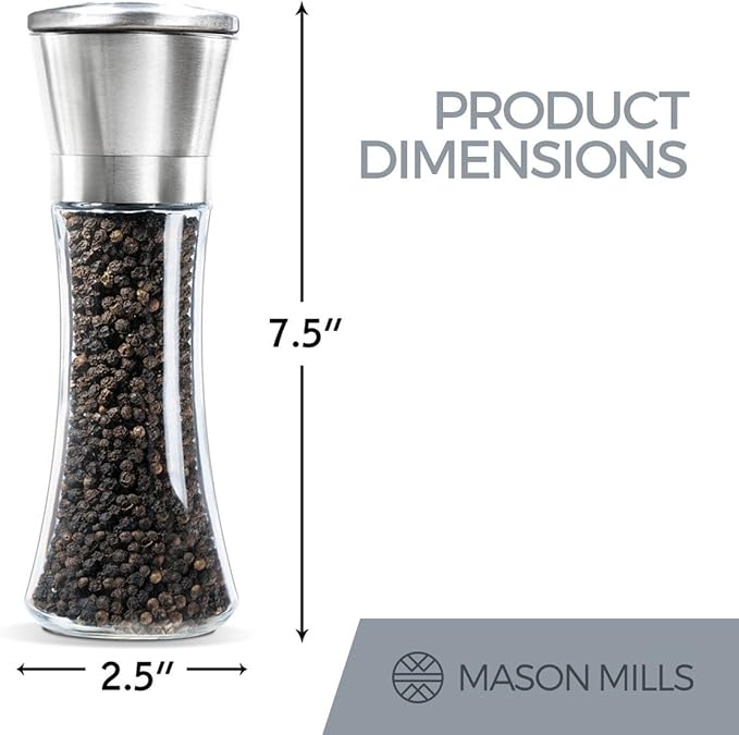 Prefilled Stainless Steel Salt and Pepper Grinder Two Piece Set - Includes Himalayan Salt and Quality Black Pepper - Glass and Stainless Steel Mill - Large Capacity Shakers - Top Loading By Mason Mil