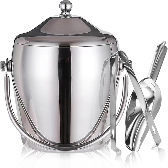 Ice Bucket with Lid, Scoop, IceTong,Stainless Steel Double-Wall Wine Ice Buckets for Parties,Beer and Wine Bucket,Bucket for Ice Chilling Champagne,2L
