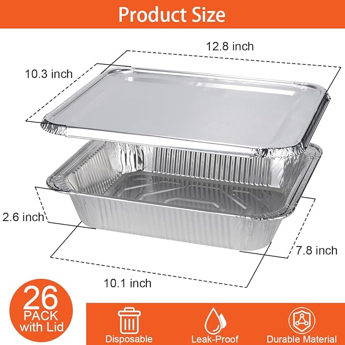 (26 Pack) Disposable 9x13 Aluminum Foil Pans with Lids, Half Size Aluminum Foil Heavy Duty Deep Steam Pans for Roasting Turkey, Cooking, Prepping- Thanksgiving, Christmas, Parties