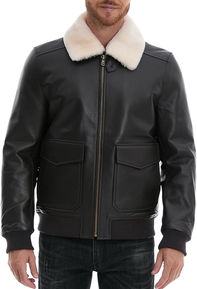 Leather Jacket Men,Lambskin Bomber Jacket with Removable Real Fur Collar,Front Zip Closure, Multiple Pockets