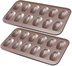 Madeleine Pans for Baking (2-Pack) 12 cup Madlen Mold Makes Shell Shape Cake Cookies Nonstick Carbon Steel Madeline Tray for Oven Gold