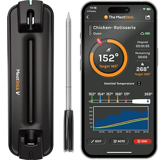 MeatStick V Wireless Meat Thermometer, 1200°F Heat Resistance, Unlimited Range WiFi & Bluetooth, Smart Digital Probe for Grilling, Smoking, Sous Vide, BBQ, Air Fryer, Oven, Smoker, Kitchen Cooking