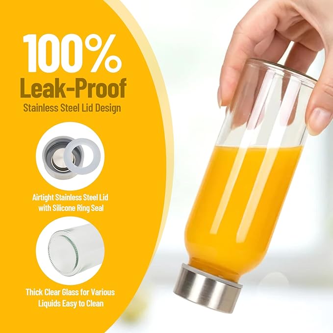 10 oz Clear Glass Bottle with Lid, Reusable Glass Water Bottles with Stainless Steel Cap & Straws for Juicing, Milk, Ginger & Smoothies, Refrigerator, Leak-Proof, Juice Containers Set of 8