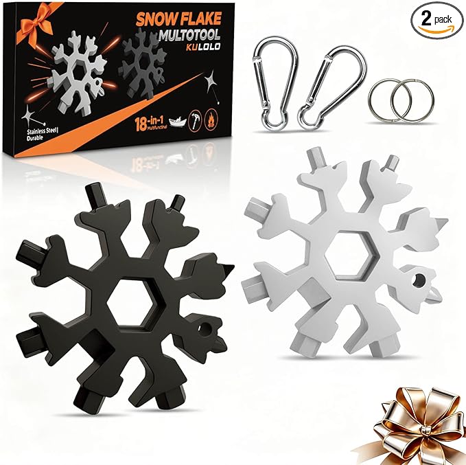 Snowflake Multi Tool 2 Pack - Stainless Steel 18 in 1 Multitool with Carabiner,Bottle Opener & Wrench,Stocking Stuffers for Men,White Elephant Gifts, Christmas Gifts for Him(Silver + Black)