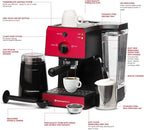 EspressoWorks All-In-One Espresso Machine with Milk Frother 7-Piece Set - Cappuccino Maker Includes Grinder, Frothing Pitcher, Cups, Spoon and Tamper - Coffee Gifts (Red)