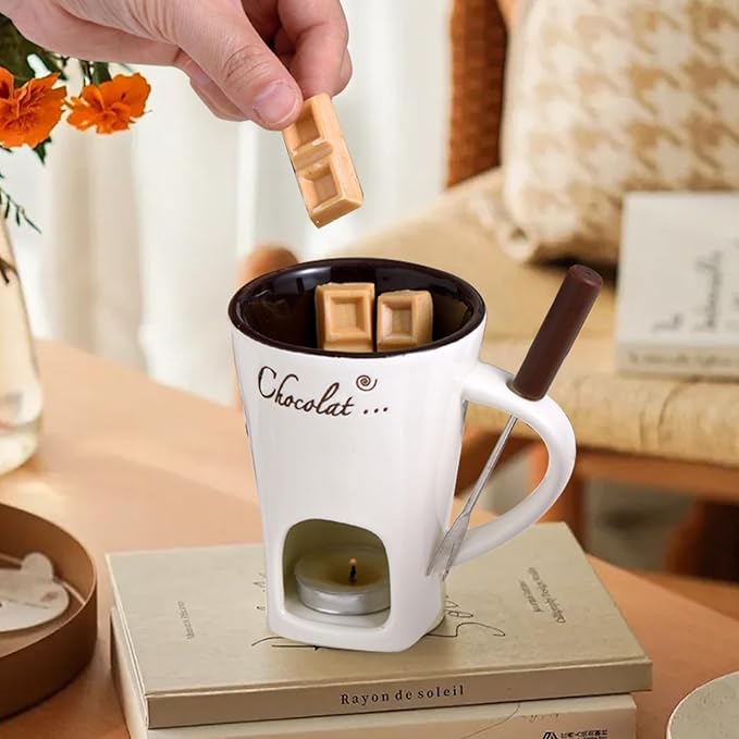 Chocolate Fondue Mug with Fork, Chocolate Fondue Cup, Personal Chocolate Melting Cup for Cheese, Ceramic Chocolate Melting Cup, Chocolate Melting Mug For Date Night Birthday Wedding Gifts (White)