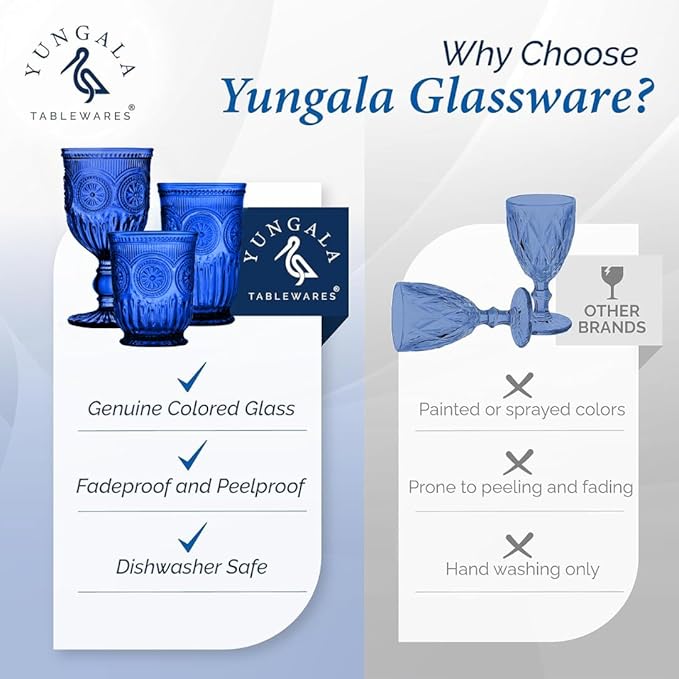 Yungala Cobalt Wine Glasses Set of 6 Goblets - Handcrafted Vintage Glassware with Sunflower Motif, Dishwasher Safe Cobalt Blue Glassware