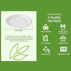 Vplus 150 Pack Paper Plates 9 inch 100% Compostable, Heavy-Duty Disposable Paper Plates Bagasse Natural Biodegradable Eco-Friendly Sugarcane（White）