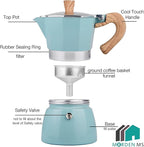 MORDEN MS Moka Pot - Stovetop Espresso Maker 3 Cup/5 OZ Italian Coffee Maker Camping Coffee Pot Manual Cuban Coffee Percolator for Cappuccino or Latte- Blue
