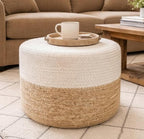 S & L Homes Pouf Ottoman - 100% Jute Braided Footrest Pouf Hand Knitted Traditional Cord Boho Pouffe for Living Room, Bedroom, Nursery, Patio, Lounge Colorblock - Natural Ivory (18”x18”x12”)