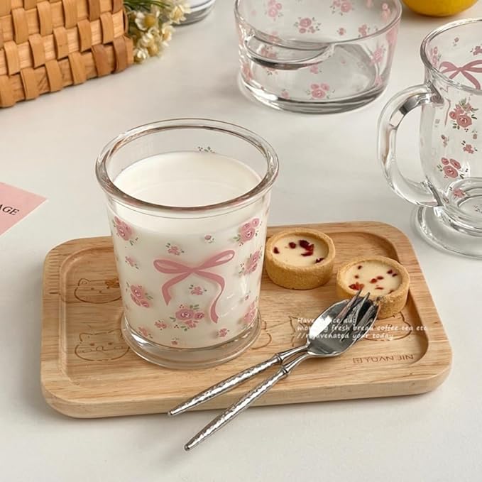 Set of 2 12 OZ Floral Drinking Glasses French Glass Coffee Cup Cute Bow Flower Glass Cups for Iced Coffee,Tea,Juice,Milk,Latte,Dessert,Stackable Glassware Drinkware Set(pink floral)
