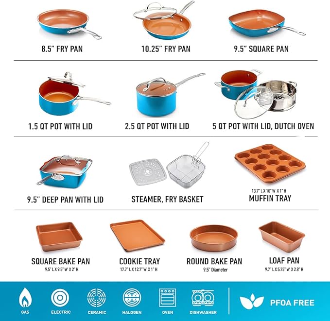 GOTHAM STEEL 20 Piece Copper Pots and Pans Set Nonstick Cookware & Ceramic Bakeware Set, PFOA PFOS Free, Dishwasher/Oven Safe, Metal Utensil Safe – Turquoise