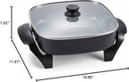 Elite Gourmet 12" x 12" x 3" Ceralast™ PFAS Free Ceramic Electric Skillet, Dishwasher Safe, Xtra Deep Dish, Rapid Heat 1200W, Black