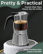 Grasseed Crystal Glass-Top Moka Pot, Polished Stainless Steel Stovetop Espresso Maker for Italian Coffee, Gift for Coffee Lovers - 6 Cup/240ml/8.4oz