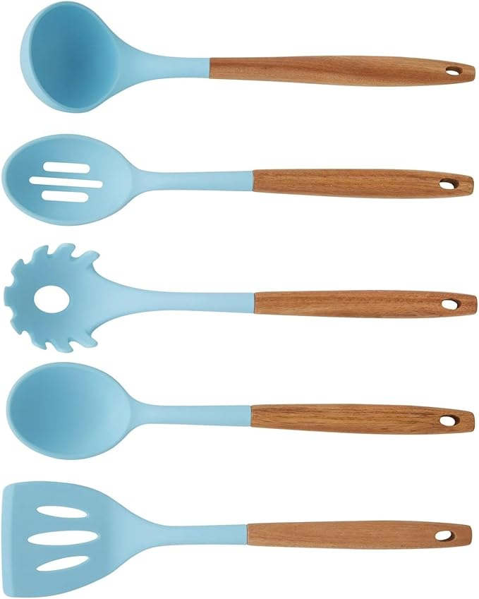 10-Piece Silicone Kitchen Utensils Set with Acacia Wood Handles, Nonstick Safe, Heat Resistant Cooking Tools for Everyday Use (Blue)