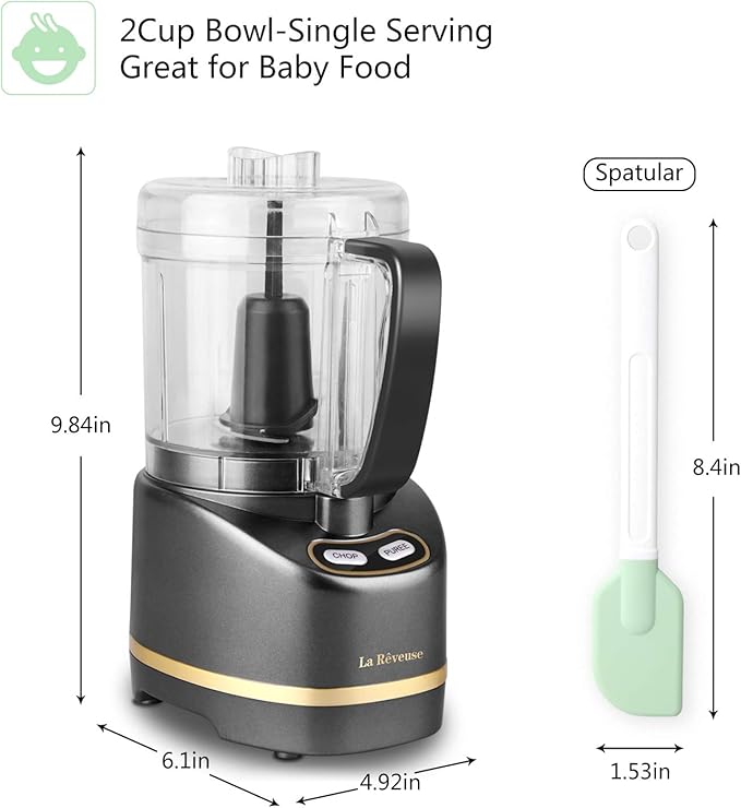 La Reveuse Electric Mini Food Processor with 200 Watts 2-Cup Prep Bowl for Mincing Chopping Grinding Blending Pureeing (Metallic Grey)