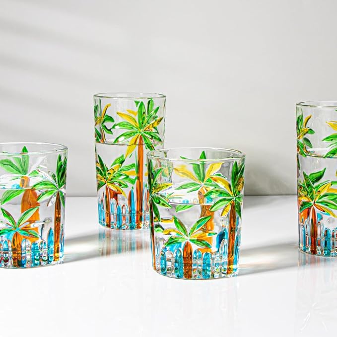 Tropical Summer Drinking Glasses 4 Short Coconut Tree Pool Party Caribbean Beach Theme Design Colorful Tiki Bar Margarita Mix Drink Mojito Martini Pool Party Cup Palm Trees Engraved Whiskey Sour Glass