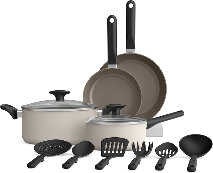 bella 12 Piece Cookware Set with EverGood™ Ceramic Nonstick Coating, Dishwasher & Oven Safe, All Stovetops Compatible, Tempered Glass Lids and Cool Touch Handles, Oatmilk