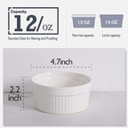DELLING Ramekins 12 Oz Oven Safe Set of 6, Porcelain Souffle Dish for Baking - Creme Brulee Bowls for French Onion Soup Lava Cake Pudding, Stackable, White