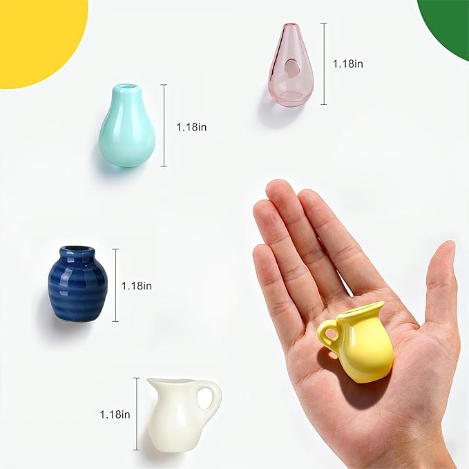 Renmxj Mini Ceramic Vase Magnets for Fridge, Cute Tiny Plant Vase Fridge Magnets for Kitchen Refrigerator Office Locker Decoration with Fake Flowers (5 Pack)