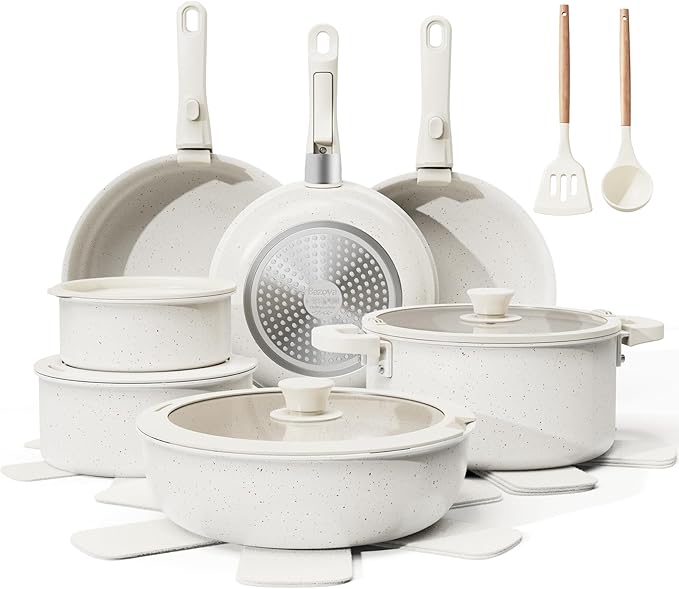 Bazova 22-Piece Pots and Pans Set Non Stick with Removable Handles, Ceramic Cookware Set, Large-Capacity & Non Toxic, Induction & RV Compatible, Dishwasher Safe, PFAS/PTFE/PFOA Free, White