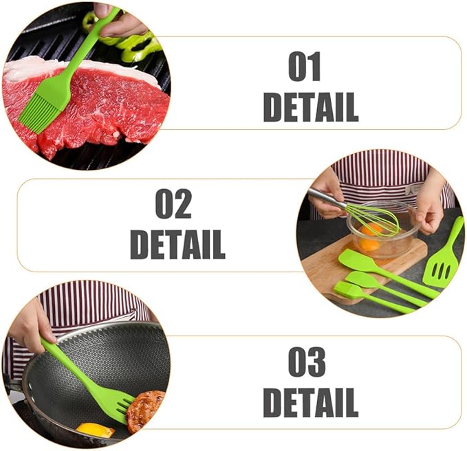 Ipetboom 5pcs Silicone Kitchen Utensil Set with Egg Whisk and Stainless Steel Handles, Nonstick Baking Tools for Home Cooking and Mixing, Heat Resistant Green Cooking Gadgets