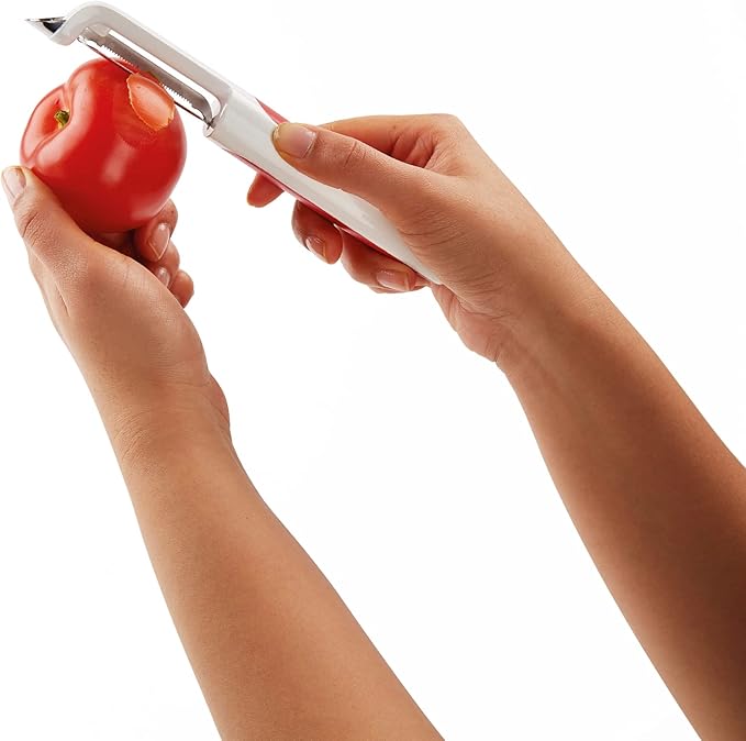 Zyliss Soft Skin Fruit & Vegetable Peeler - Stainless Steel Serrated Peeler - Perfect for Potato, Cucumber, Carrot, Apple, Orange, Tomatoes, & More - Comfort Grip Peeler Kitchen Tool - Red