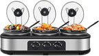 Triple Slow Cooker, 3×1.5 QT Buffet Servers and Warmers, 3 Pots Buffet Slow Cooker Adjustable Temp Lid Rests Stainless Steel Manual Silver for Parties Holidays Families