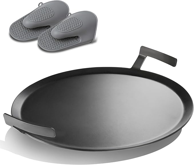 Premium Carbon Steel Griddle, Round Non-Toxic Stovetop Flat Top Pan for Gas, Electric Range, Induction, Grill & Campfire, Pre-seasoned Nitride Coating, Oven Safe to 1200°F, with Heat-insulating Gloves