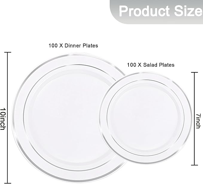 I00000 200 Pcs Silver Plastic Plates - Silver Disposable Party Plates Include 100 Dinner Plate and 100 Elegant Dessert Plate Perfect for Party, Holiday, Wedding & Birthday