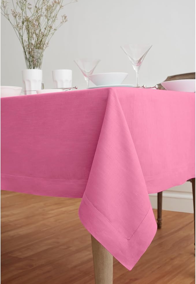 Solino Home Linen Tablecloth for Rectangle Tables 60 x 90 Inch - 100% Pure Linen Flamingo Pink Table Cloth - Fete, Machine Washable Cloth Tablecloth