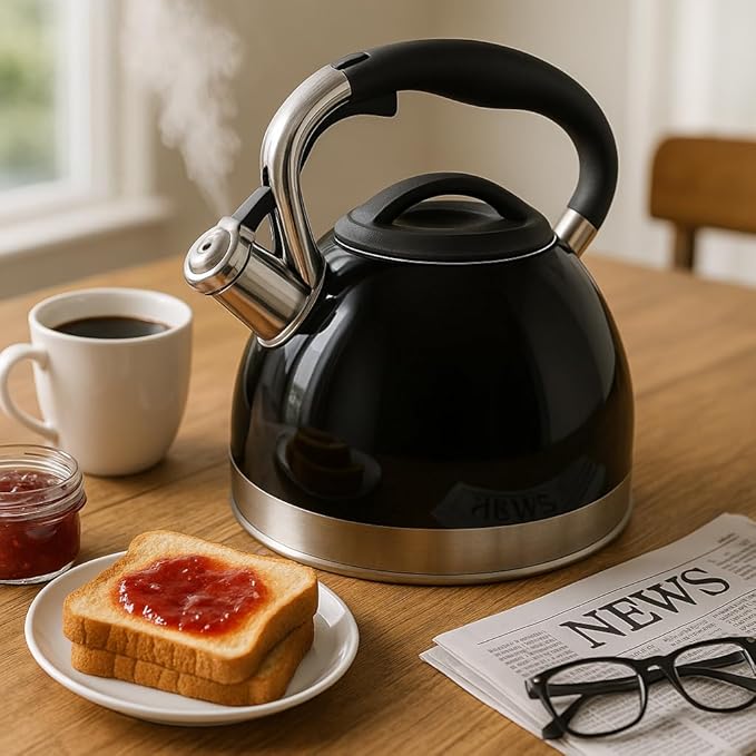 Creative Home 3.5 Quart Whistling Tea Kettle for Stovetop, Food Grade Stainless Steel Tea pot, Fast Boiling Water, Ergonomic Handle, for Gas & Induction, Black