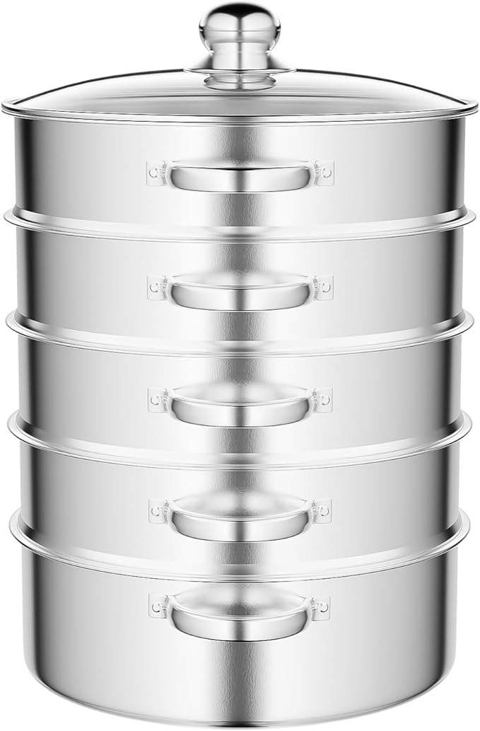 5-Tier Stainless Steel Steamer, 13.77 * 15.35inch Food Steaming Pot Meat Vegetable Cooking Steam Pot Multipurpose Steam Cookware Large Capacity Kitchen Tool with Lid for Steaming Pasta Dumplings