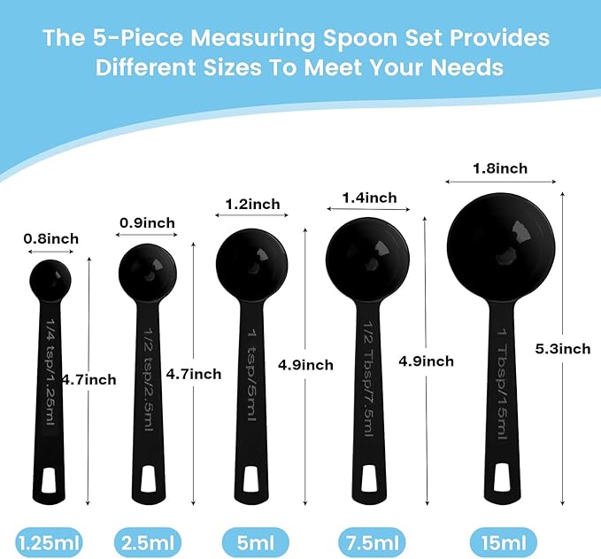 Stainless Steel Measuring Spoons Set of 5, Metal Measuring Cups for Liquid/Food/Kitchen/Baking (Black)