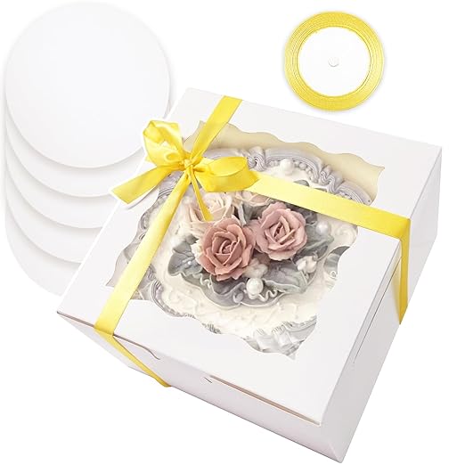 qiqee 8x8x5 Cake Box, 18 Sets White Cake Box with Window ＆ 18 Sets 8" White Cake Round Boards, 8inch Cake Containers, 10 Meters Gold Silk Ribbon