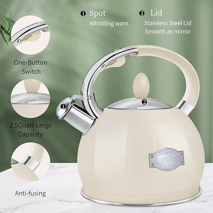 RETTBERG Tea Kettle for Stovetop Induction Whistling Tea Kettles 2.64 Quart Retro Food Grade Stainless Steel Teapots with Cool Touch Handle White