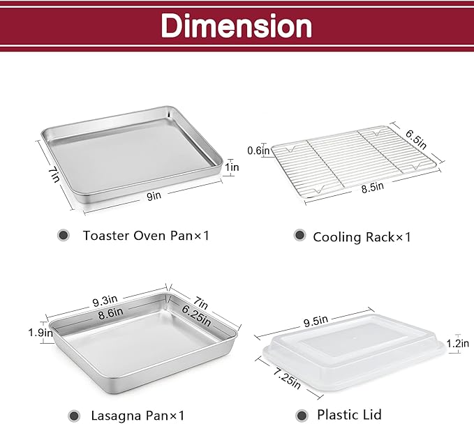 TeamFar Toaster Oven Pan, 9.3’’ x 7’’ Stainless Steel Mini Rectangular Cookware Baking Roasting Cake Pan with Cooling Rack and Lid, Healthy & Sturdy, Deep & Visible Lid, Dishwasher Safe – 4 PCS