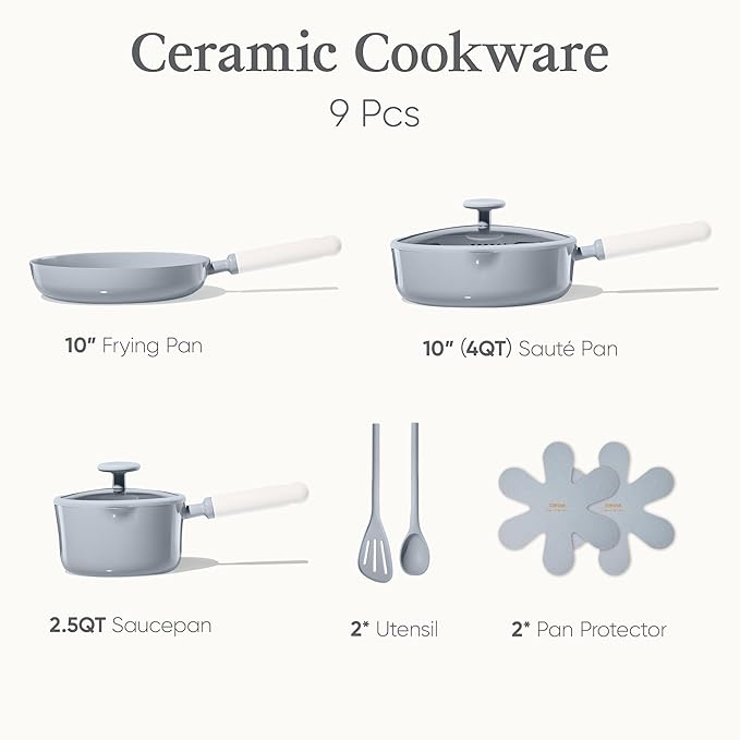 CAROTE Ceramic Cookware Set Nonstick, 9pcs Pots and Pans Set Non stick, Non-Toxic & PFAS-Free,Dishwasher, RV/Camping Cookware Set,Sauce Pan with Lid, Blue
