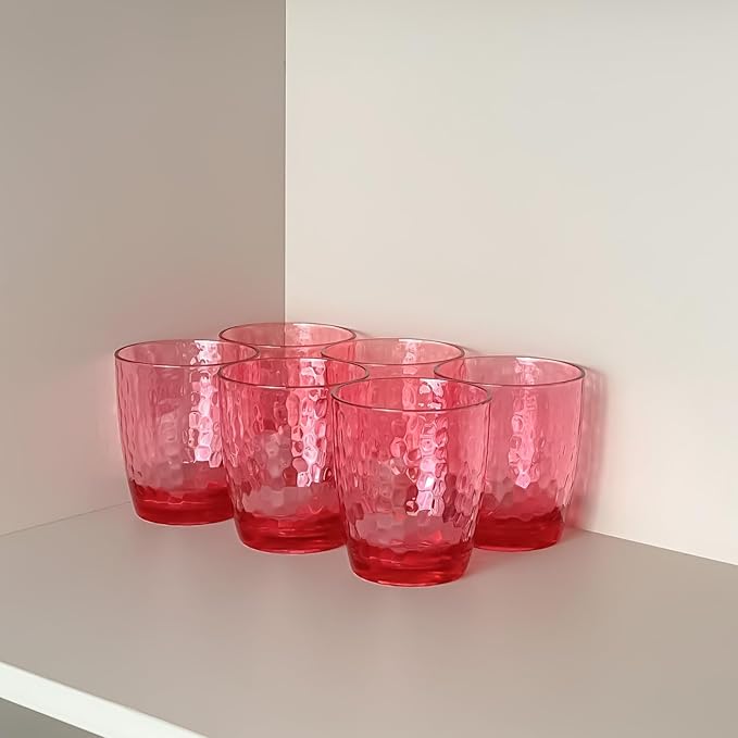 Set of 6 Hammered Style 15-ounce/430ml Acrylic Glasses Plastic Tumbler,BPA Free,Dishwasher Safe (Red)