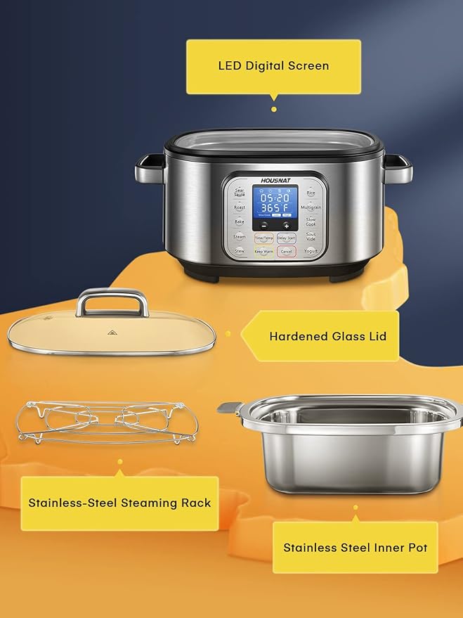HOUSNAT Slow Cooker, 10 in 1 Programmable Cooker, 304 Stainless Steel Rice Cookers 6QT, Yogurt Maker, Delay Start, Adjustable Temp& Digital Time for Large Families or Entertaining