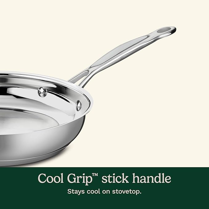 Cuisinart 8-Inch Open Skillet, Stainless Steel Skillet, Large Kitchen Pan, Dishwasher Safe, Compatible with Induction, Electric, Gas Cooktops, Oven Safe Saucepan, Cool Grip Handles