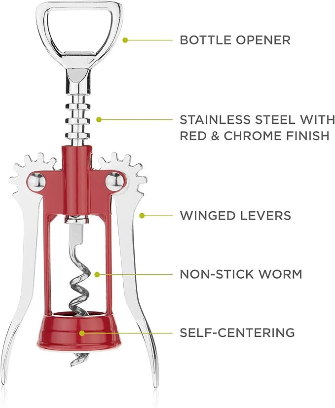 True Soar Winged Corkscrew Wine Opener Manual, Heavy Duty Stainless Steel Cork Openers in Chrome Finish, Home Bar Accessories Bar Tools, Set of 1 Red