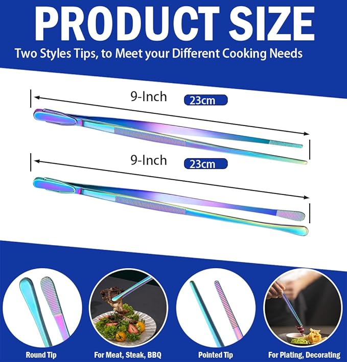 JETKONG 2 Pcs 9-Inch Culinary Tweezers Food Tweezers Kitchen Tweezer Tongs for Cooking (Rainbow)