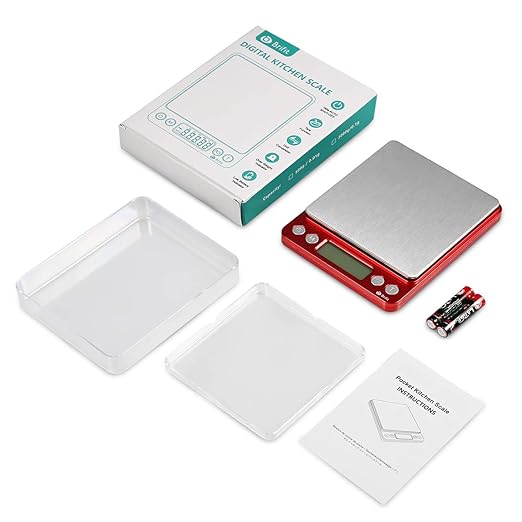 Digital Kitchen Scale, 3000g Pocket Cooking Scale with 0.1g Accuracy, Mini Food Scale, Pro Electronic Jewelry Scale with Back-Lit LCD Display, Tare & PCS Functions (Red, Batteries Included)