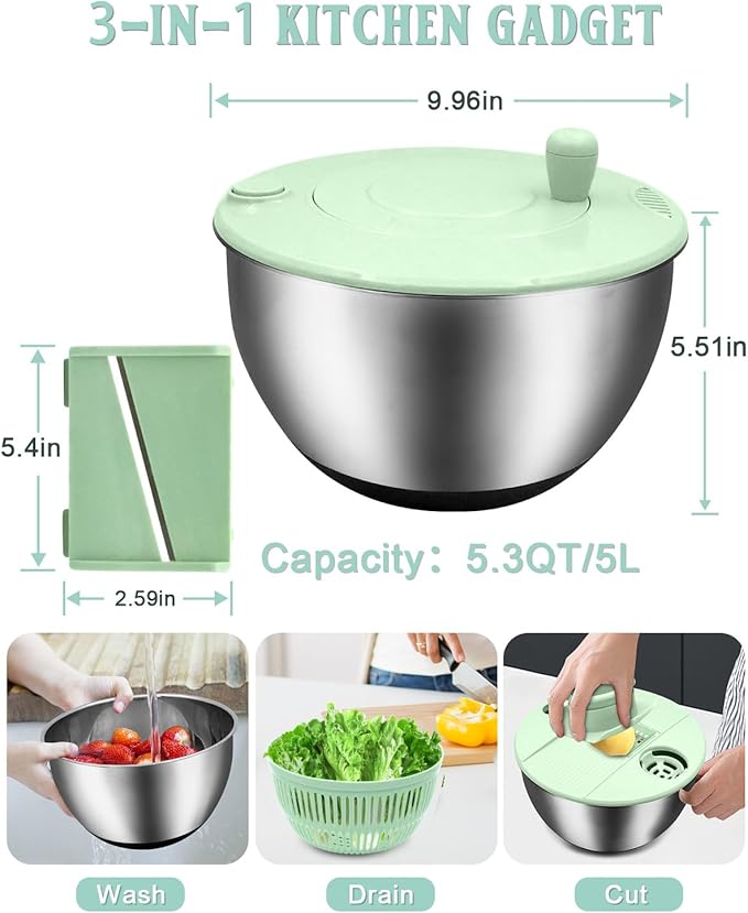 5.3QT Salad Spinner Large,Stainless Steel Lettuce Spinner,Fruit Vegetables Wash Bowl with 5 Blade Slicer,Egg Yolk Strainer Slicer Shredder,Kitchen Colander for Salad Make and Food Washing