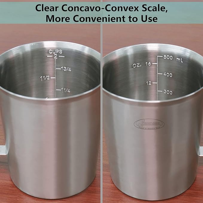 Newness Stainless Steel Measuring Cup, Metal Measuring Cup with Handle (Upgraded, 3 Marking Including Cup/ML/Ounce Scale), 16 Ounces (0.5 Liter, 2 Cup) (Pack of 2)