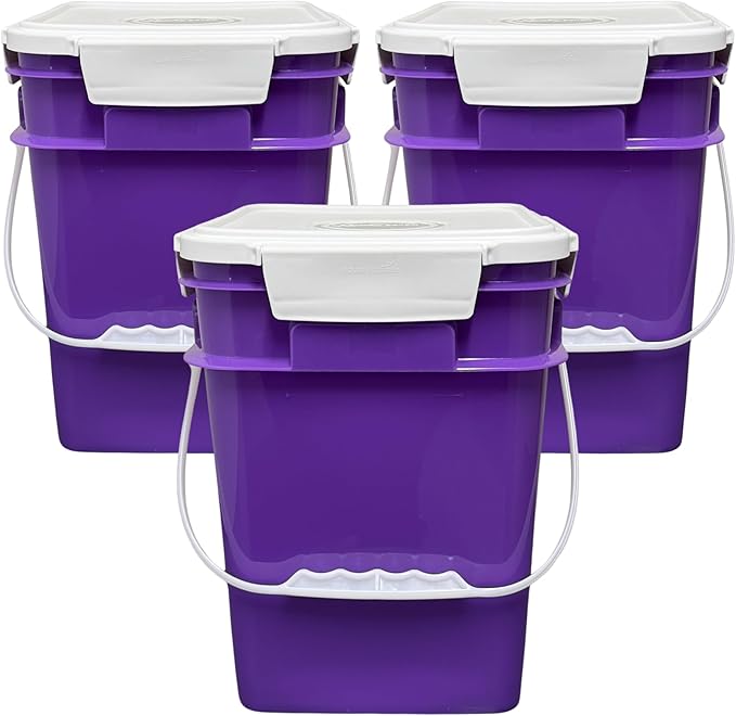 House Naturals 4 Gallon Square Food Grade Bucket Pail with Plastic Handles and Lid (Pack of 3) Made in USA containers (Purple)