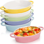 Foraineam 6 Pack Oval Au Gratin Baking Dishes with Handles, 20 oz Porcelain Casserole Dish Single Serving Ramekins for Oven & Microwave Cooking and Baking, 7.2" x 5.5", Oven Safe Roasting Lasagna Pan