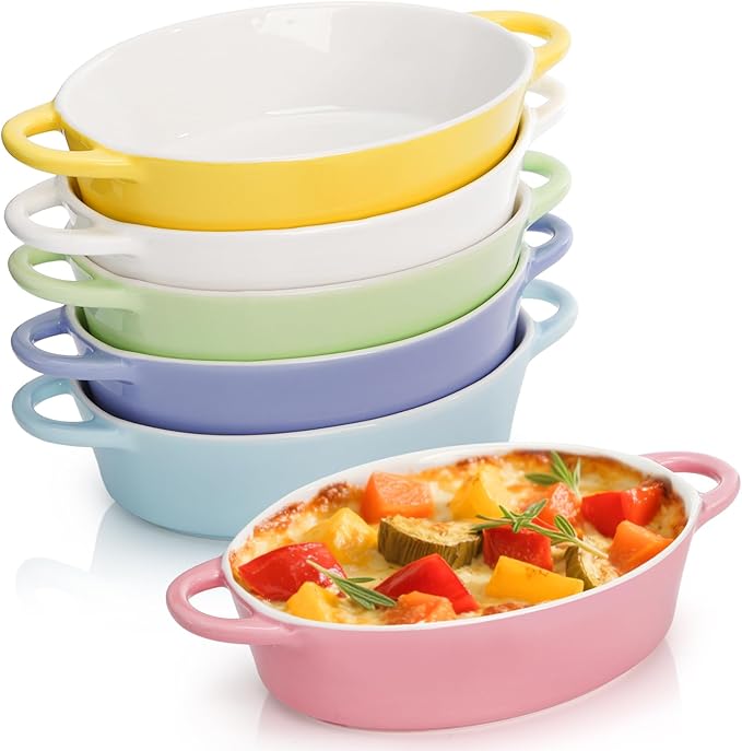 Foraineam 6 Pack Oval Au Gratin Baking Dishes with Handles, 20 oz Porcelain Casserole Dish Single Serving Ramekins for Oven & Microwave Cooking and Baking, 7.2" x 5.5", Oven Safe Roasting Lasagna Pan